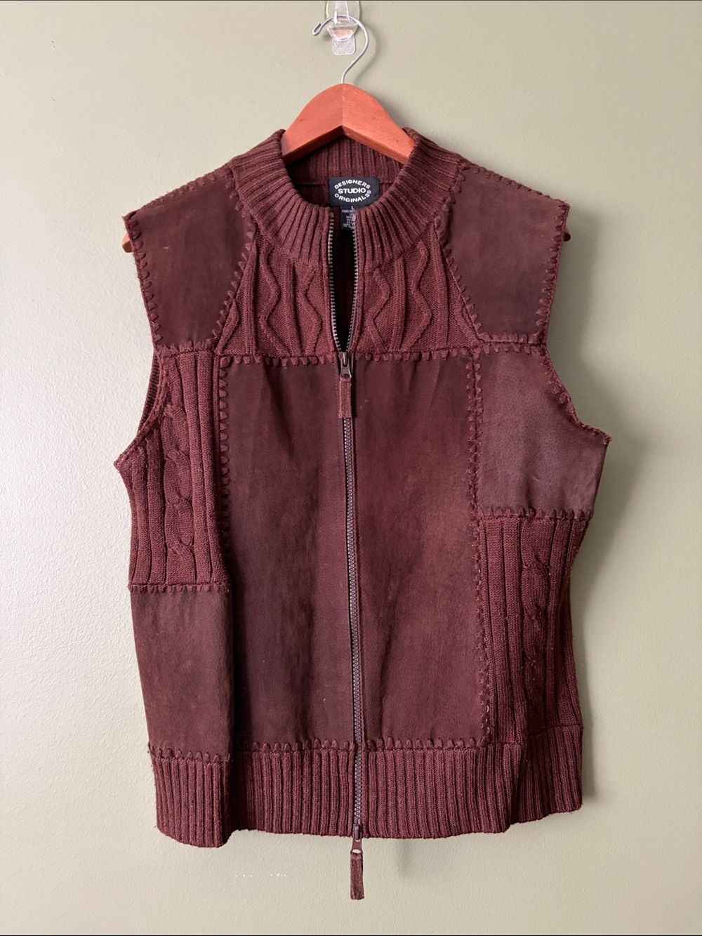 VTG Designer Studio Originals Brown Zip-Front Suede Patchwork Knit Vest Sz L - Picture 3 of 4
